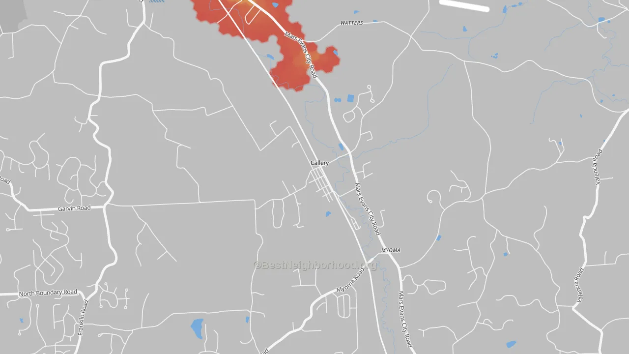 Walk Grade map of 16024, PA, walkable areas in green and car-dependent areas in red