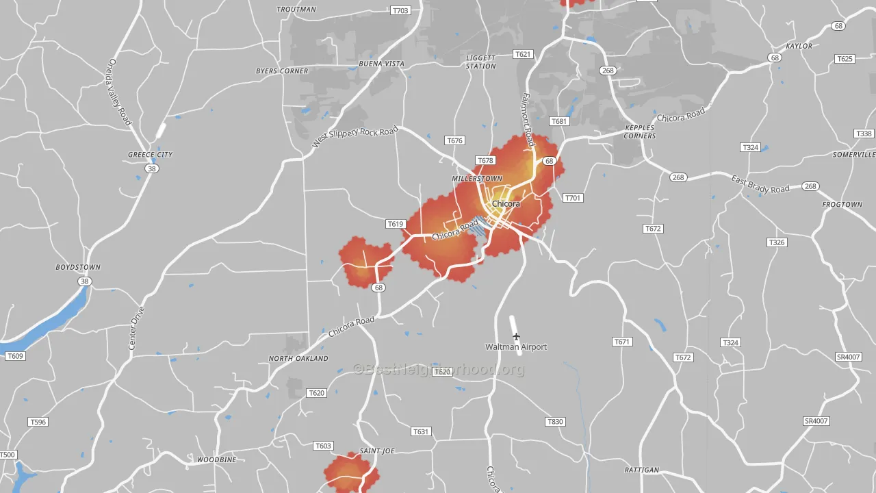 Walk Grade map of 16025, PA, walkable areas in green and car-dependent areas in red