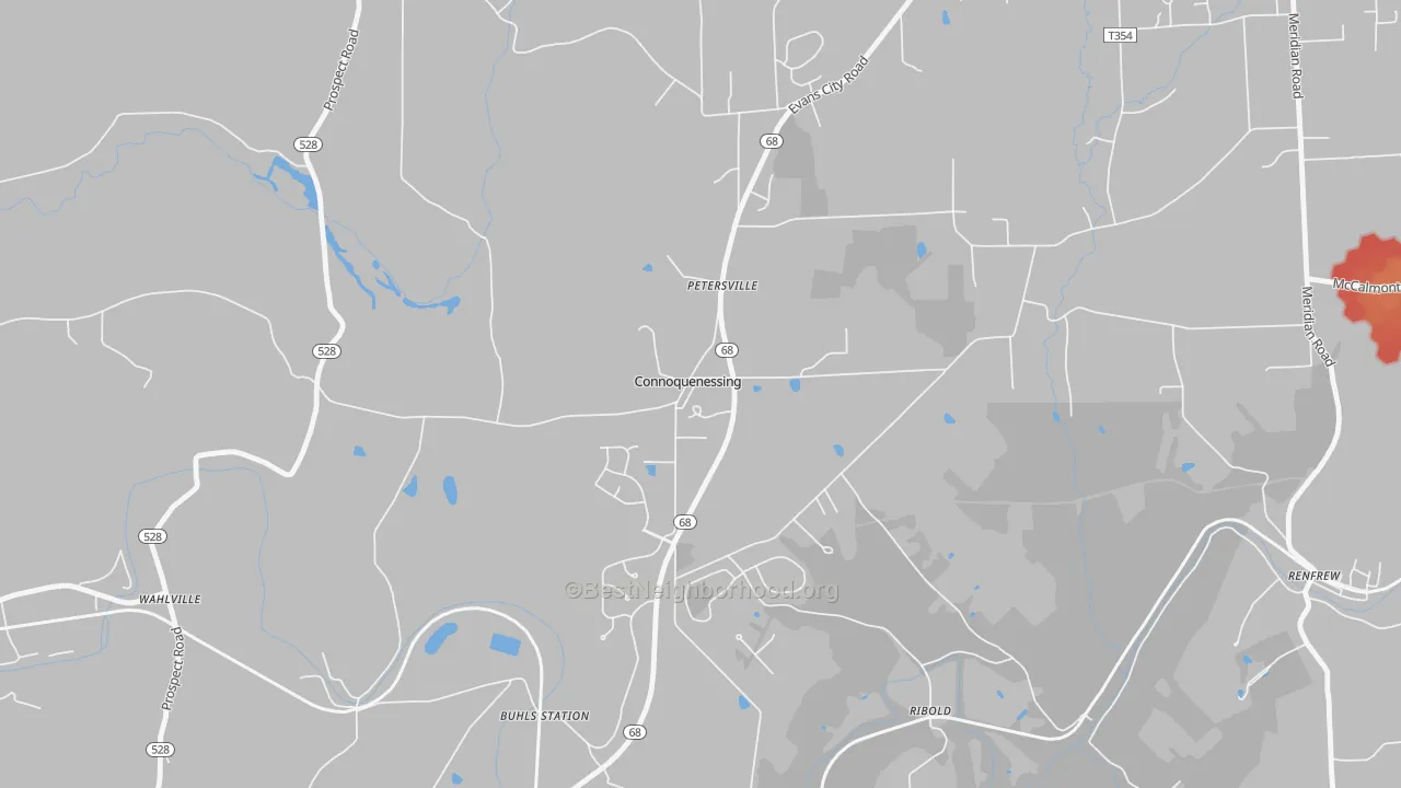 Walk Grade map of 16027, PA, walkable areas in green and car-dependent areas in red