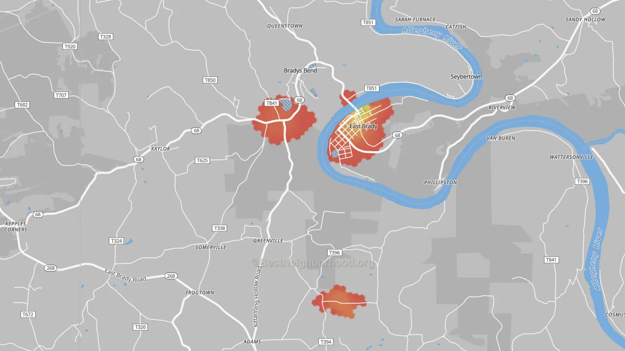 Walk Grade map of 16028, PA, walkable areas in green and car-dependent areas in red