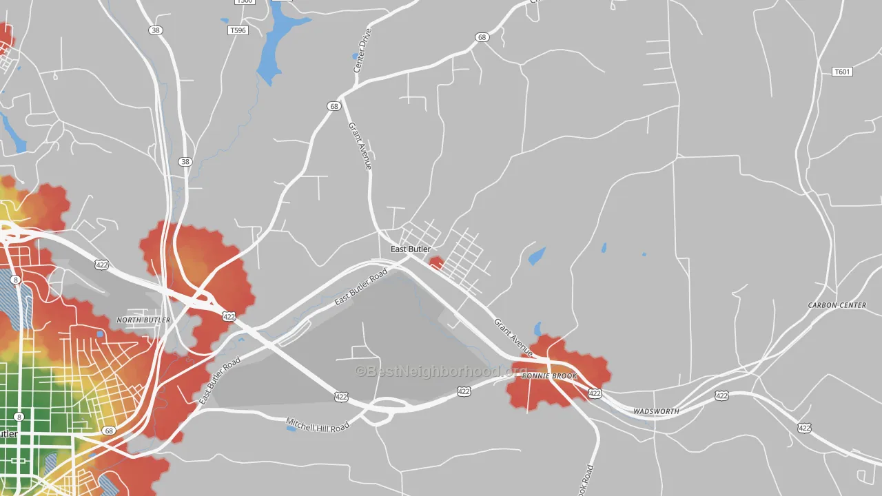 Walk Grade map of 16029, PA, walkable areas in green and car-dependent areas in red