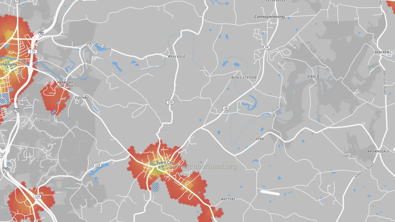 Walk Grade map of 16033, PA, walkable areas in green and car-dependent areas in red