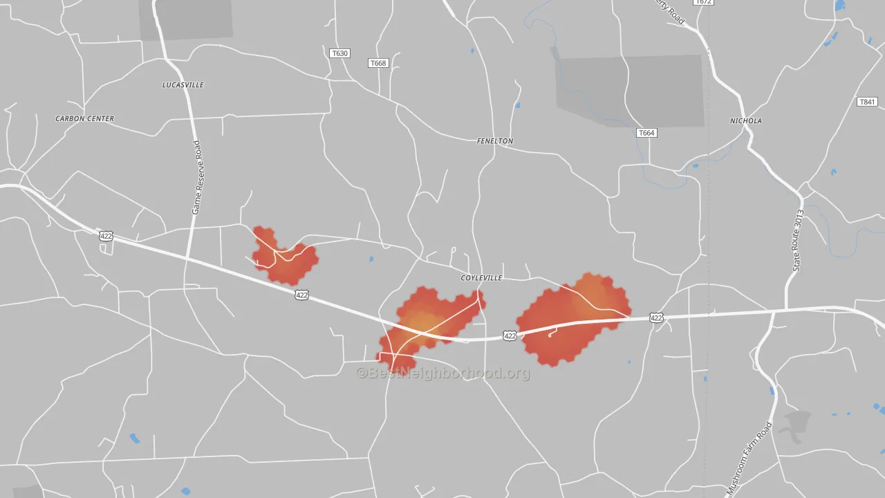 Walk Grade map of 16034, PA, walkable areas in green and car-dependent areas in red