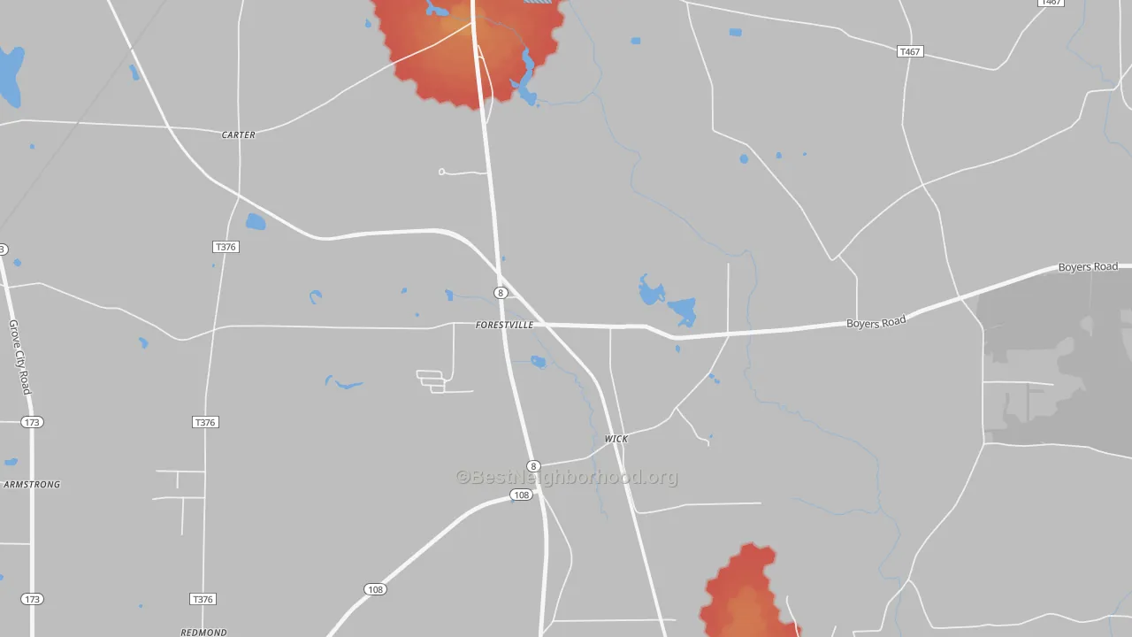 Walk Grade map of 16035, PA, walkable areas in green and car-dependent areas in red