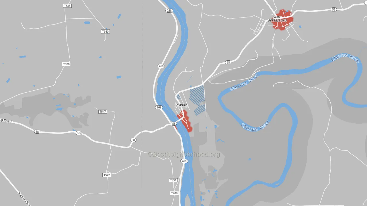 Walk Grade map of 16036, PA, walkable areas in green and car-dependent areas in red