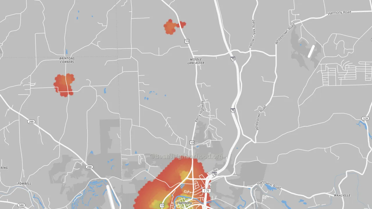 Walk Grade map of 16037, PA, walkable areas in green and car-dependent areas in red