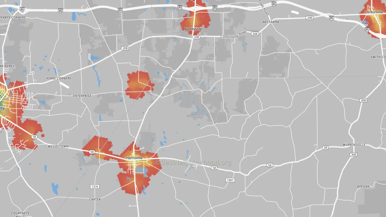 Walk Grade map of 16038, PA, walkable areas in green and car-dependent areas in red