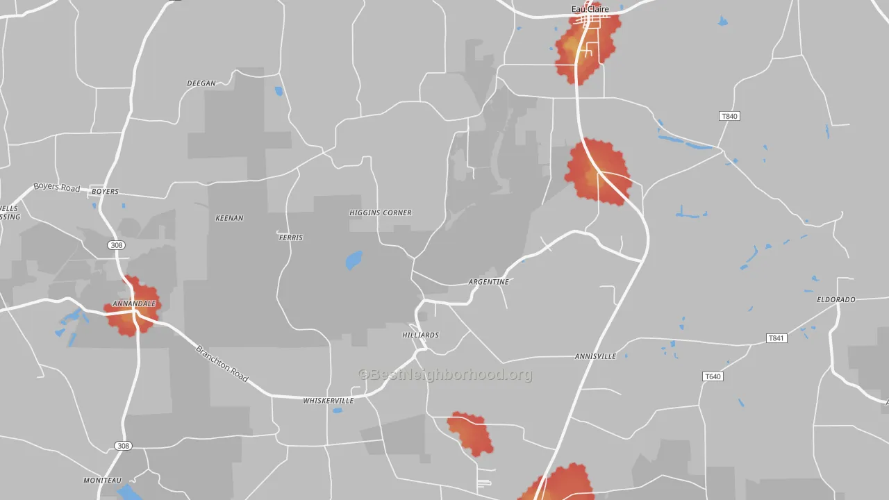 Walk Grade map of 16040, PA, walkable areas in green and car-dependent areas in red