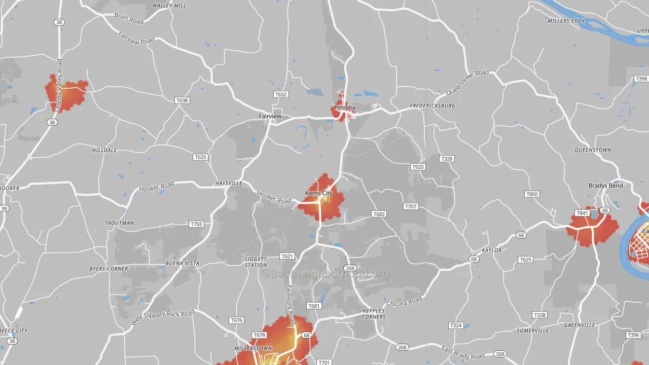 Walk Grade map of 16041, PA, walkable areas in green and car-dependent areas in red