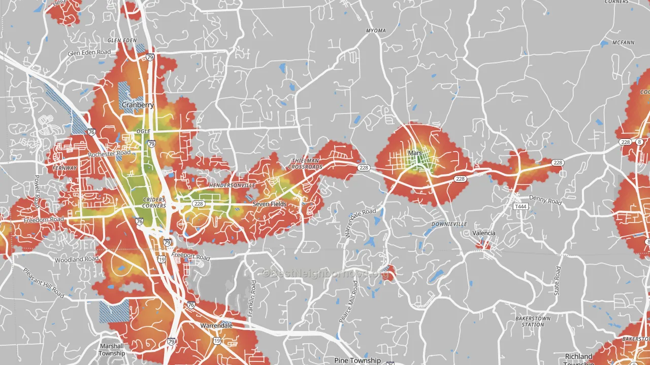 Walk Grade map of 16046, PA, walkable areas in green and car-dependent areas in red