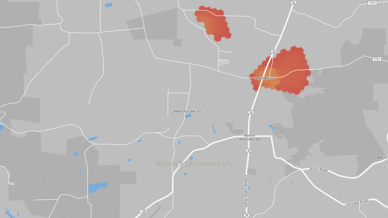 Walk Grade map of 16048, PA, walkable areas in green and car-dependent areas in red