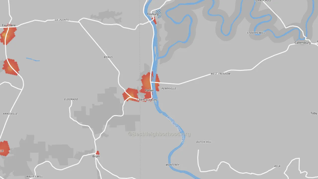 Walk Grade map of 16049, PA, walkable areas in green and car-dependent areas in red