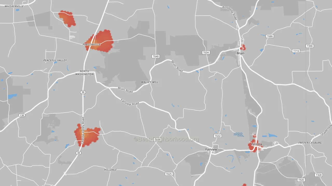 Walk Grade map of 16050, PA, walkable areas in green and car-dependent areas in red