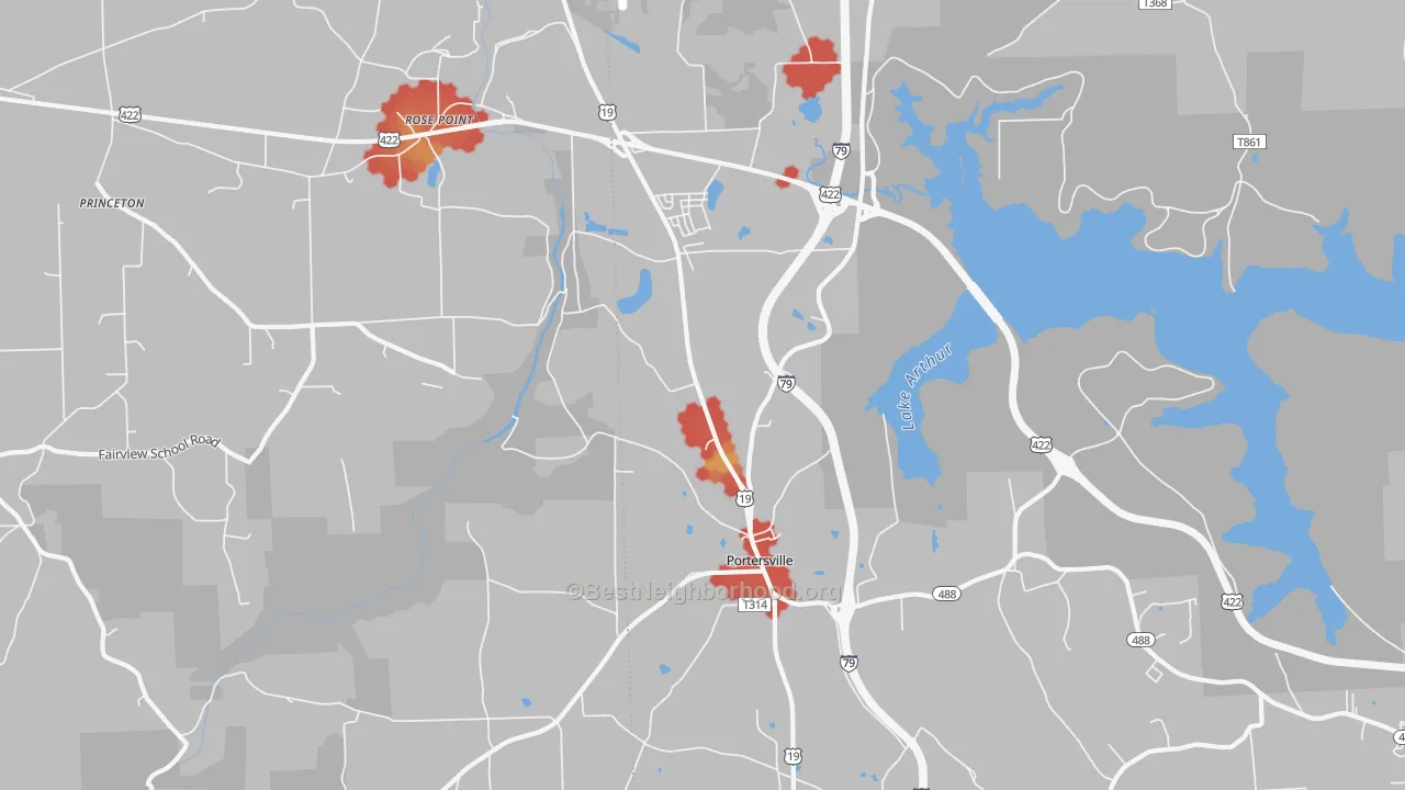 Walk Grade map of 16051, PA, walkable areas in green and car-dependent areas in red