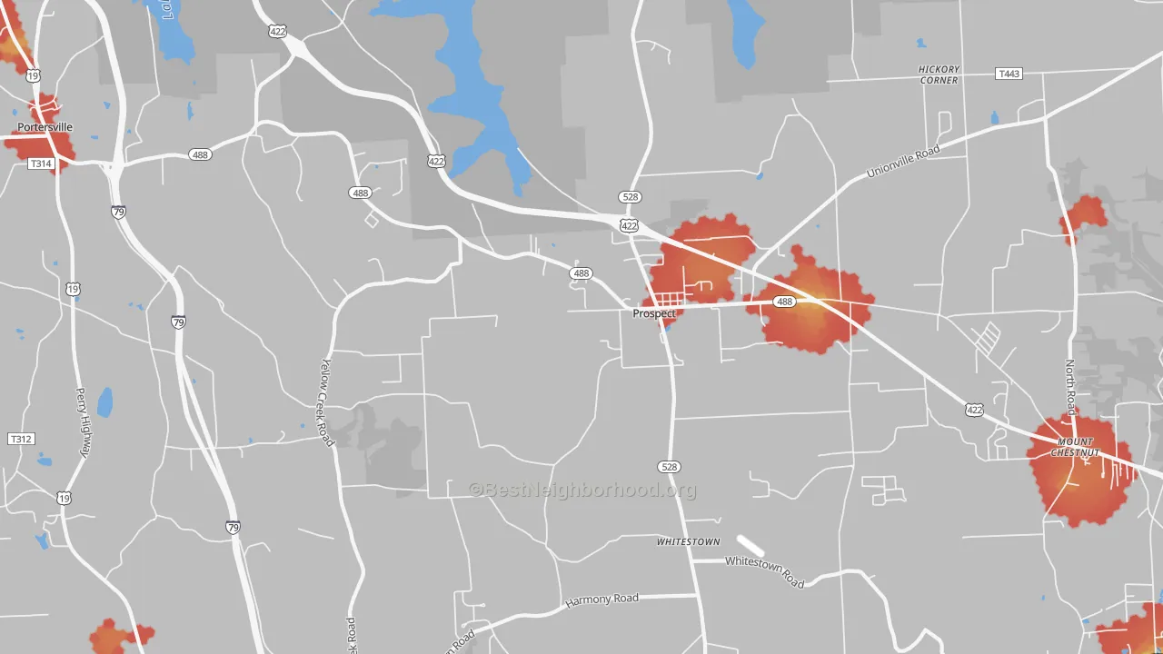 Walk Grade map of 16052, PA, walkable areas in green and car-dependent areas in red