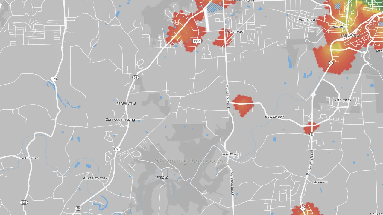 Walk Grade map of 16053, PA, walkable areas in green and car-dependent areas in red