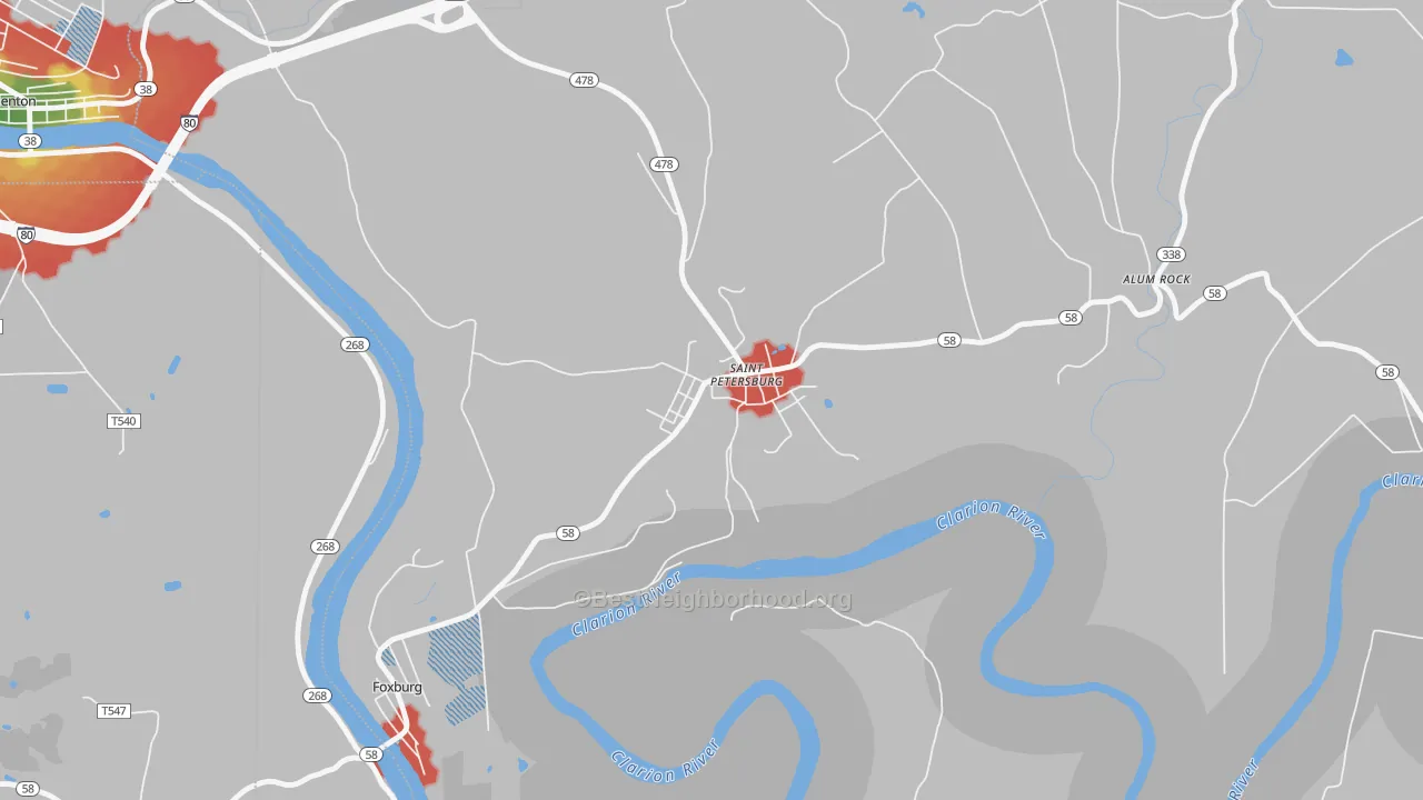 Walk Grade map of 16054, PA, walkable areas in green and car-dependent areas in red