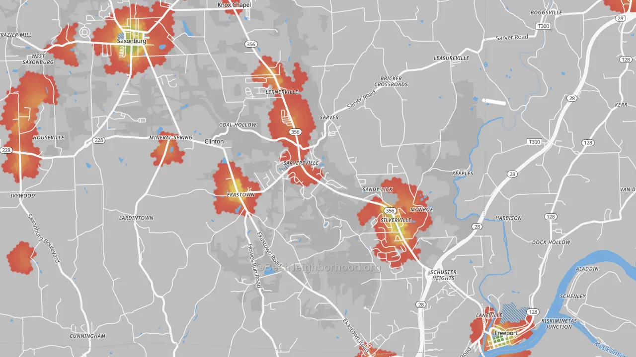Walk Grade map of 16055, PA, walkable areas in green and car-dependent areas in red