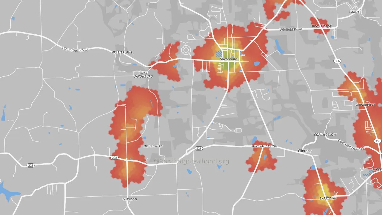 Walk Grade map of 16056, PA, walkable areas in green and car-dependent areas in red