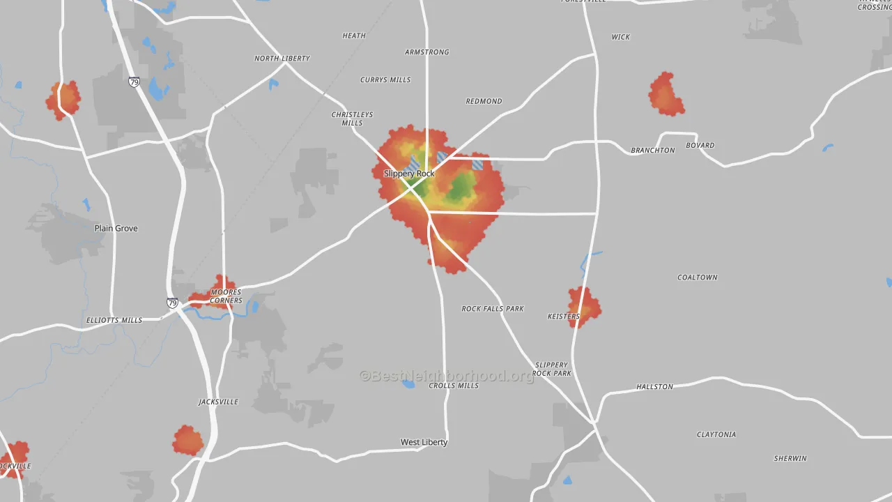 Walk Grade map of 16057, PA, walkable areas in green and car-dependent areas in red