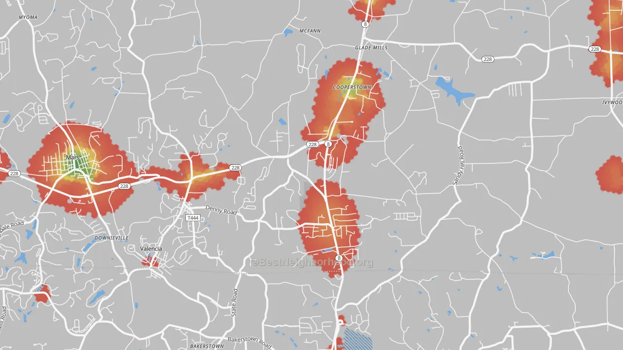 Walk Grade map of 16059, PA, walkable areas in green and car-dependent areas in red