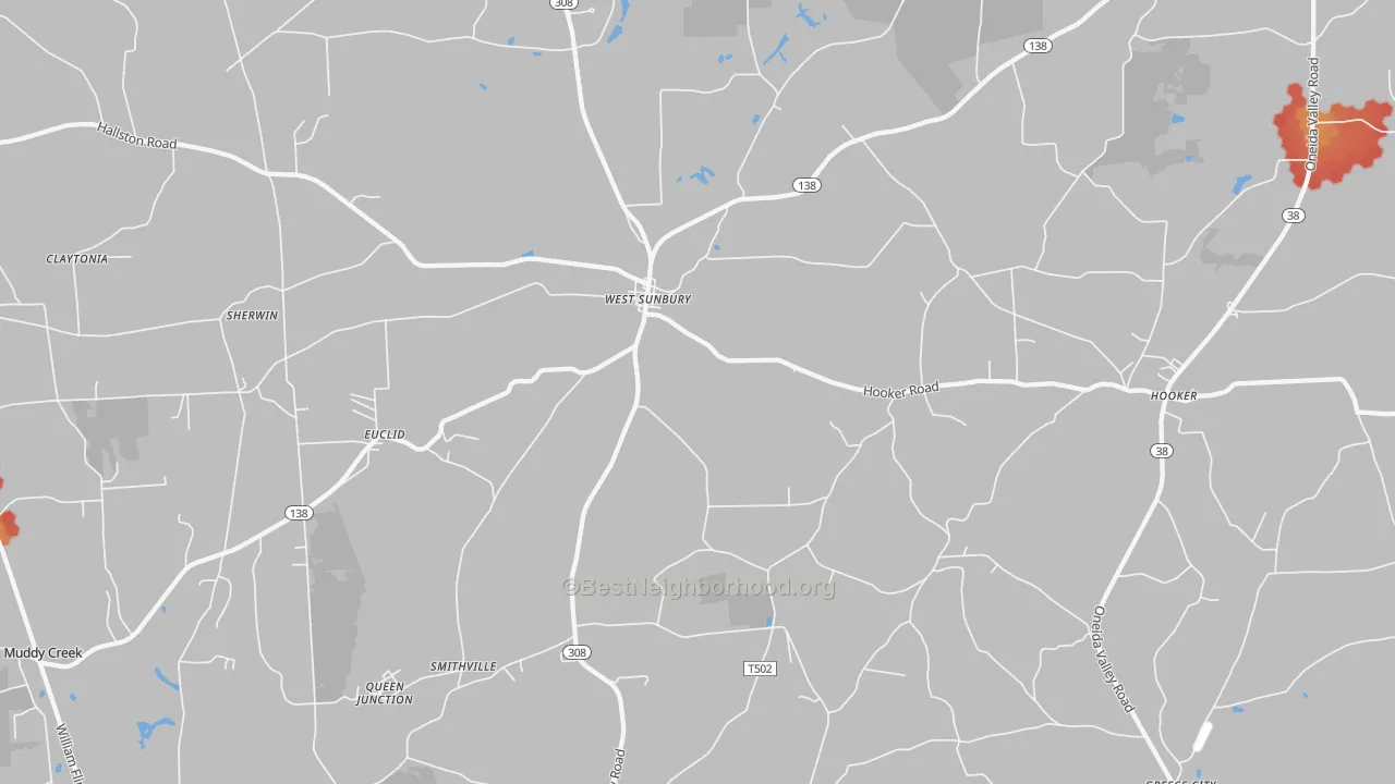 Walk Grade map of 16061, PA, walkable areas in green and car-dependent areas in red