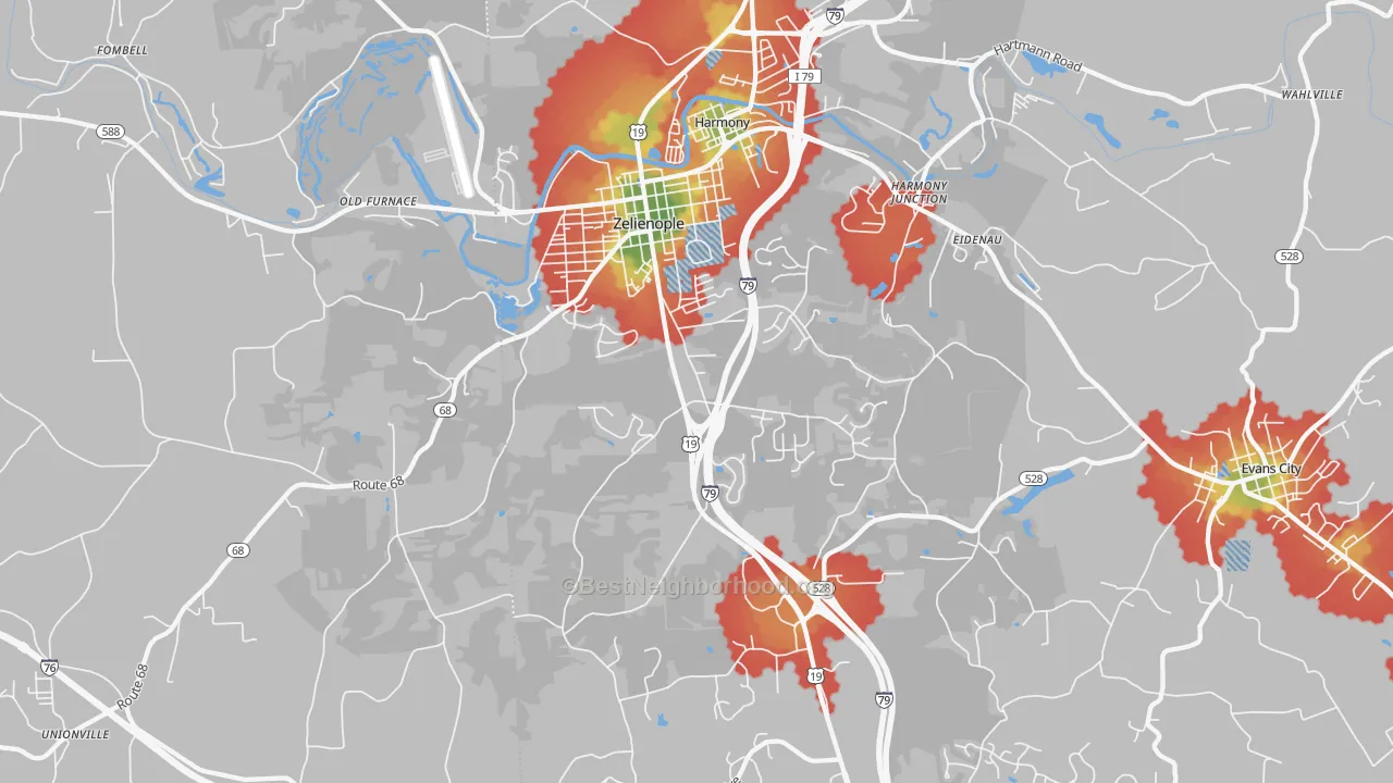 Walk Grade map of 16063, PA, walkable areas in green and car-dependent areas in red