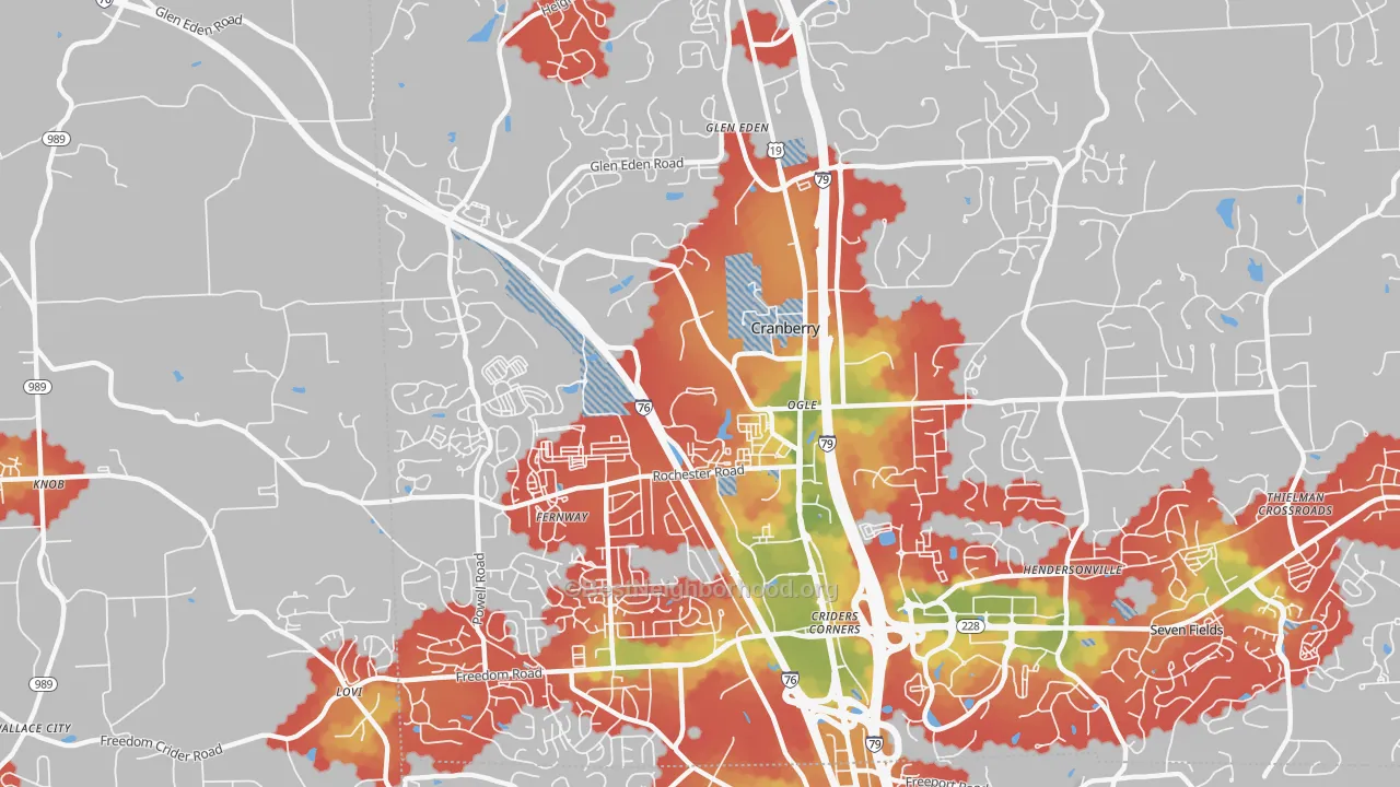 Walk Grade map of 16066, PA, walkable areas in green and car-dependent areas in red