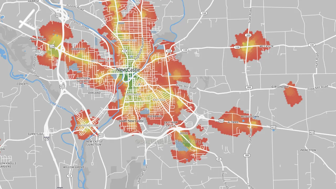 Walk Grade map of 16101, PA, walkable areas in green and car-dependent areas in red