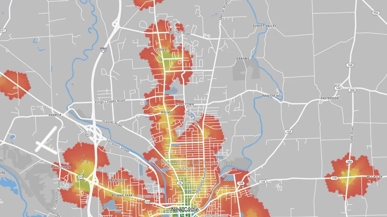 Walk Grade map of 16105, PA, walkable areas in green and car-dependent areas in red
