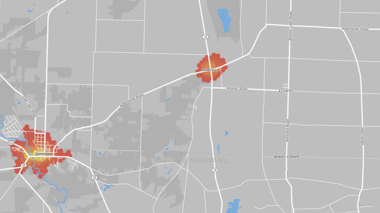 Walk Grade map of 16110, PA, walkable areas in green and car-dependent areas in red