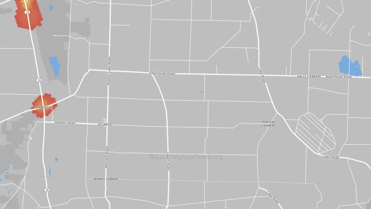 Walk Grade map of 16111, PA, walkable areas in green and car-dependent areas in red