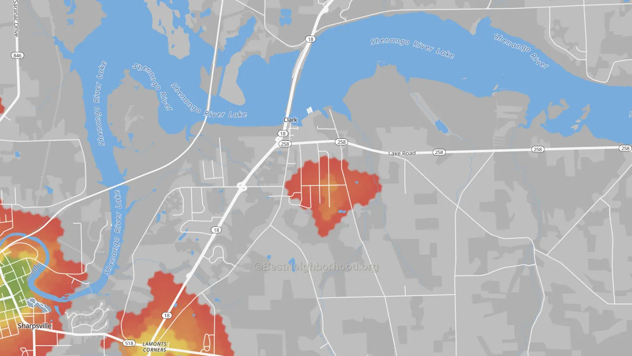 Walk Grade map of 16113, PA, walkable areas in green and car-dependent areas in red