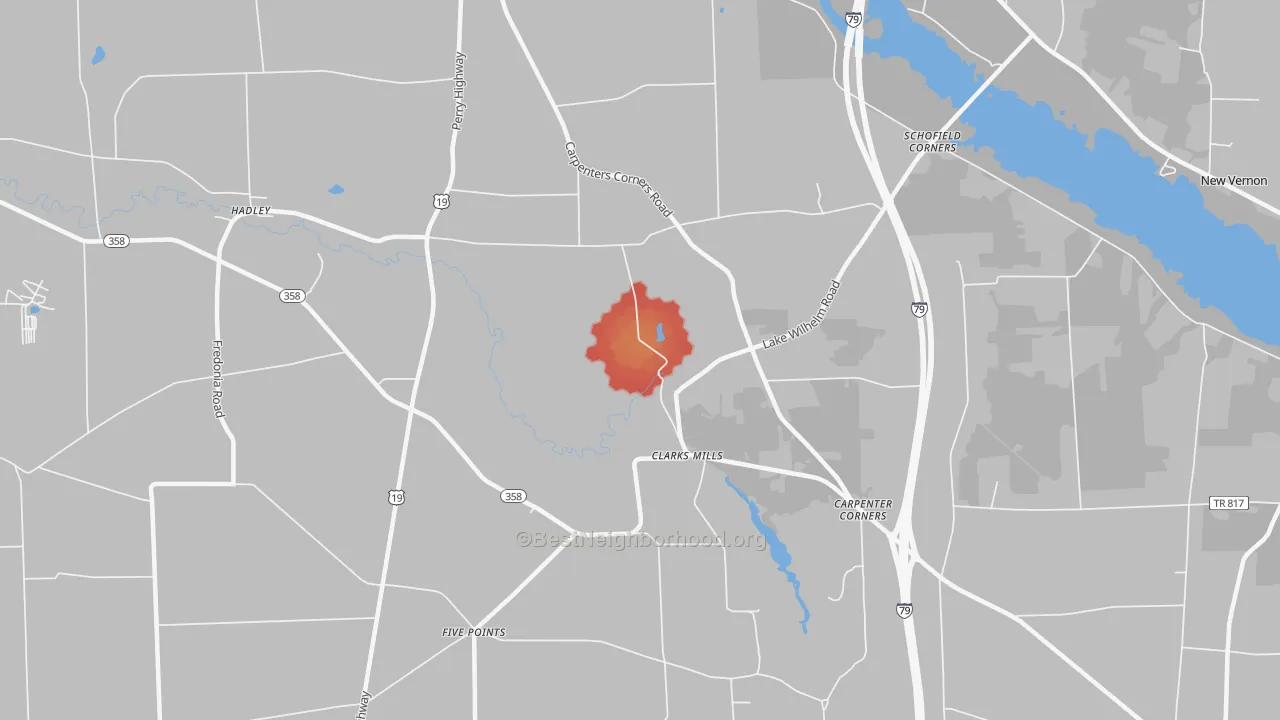 Walk Grade map of 16114, PA, walkable areas in green and car-dependent areas in red