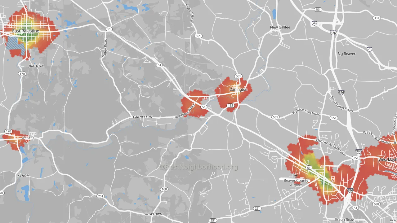 Walk Grade map of 16115, PA, walkable areas in green and car-dependent areas in red