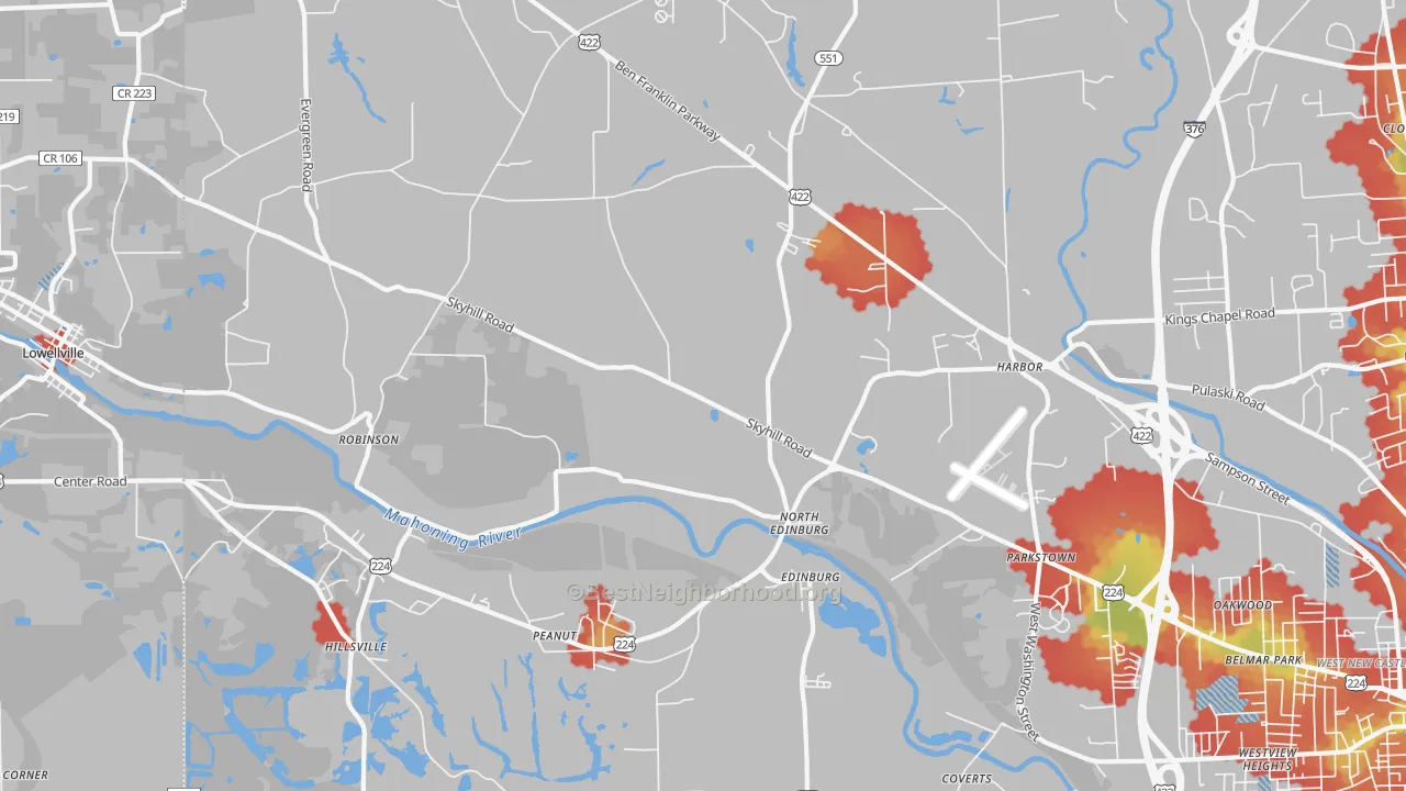 Walk Grade map of 16116, PA, walkable areas in green and car-dependent areas in red