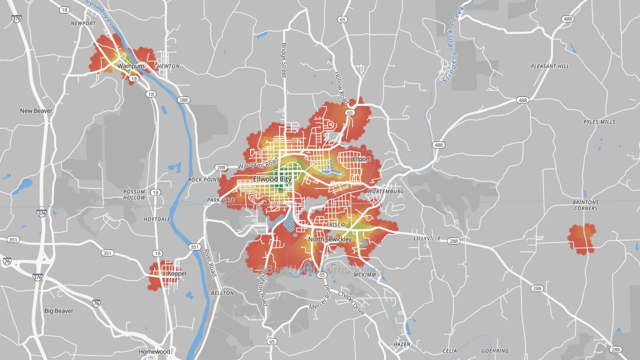 Walk Grade map of 16117, PA, walkable areas in green and car-dependent areas in red