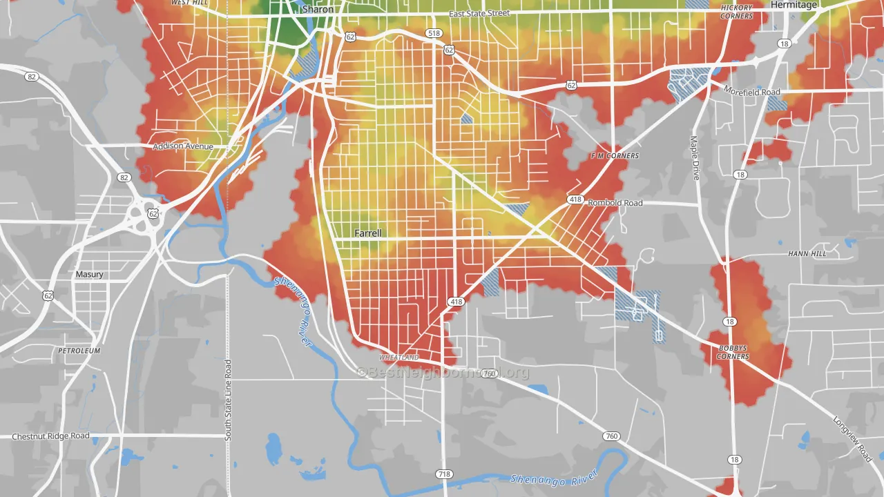 Walk Grade map of 16121, PA, walkable areas in green and car-dependent areas in red