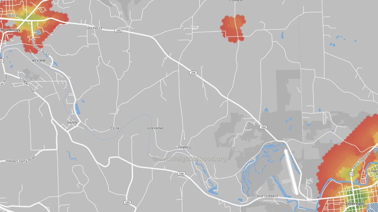 Walk Grade map of 16123, PA, walkable areas in green and car-dependent areas in red