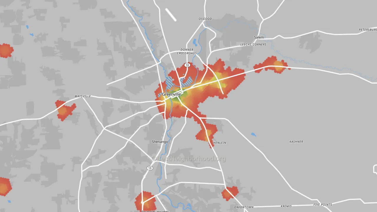 Walk Grade map of 16125, PA, walkable areas in green and car-dependent areas in red