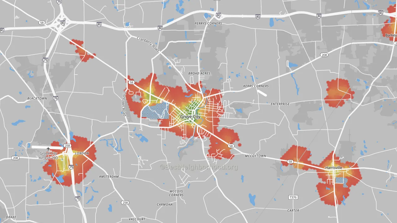 Walk Grade map of 16127, PA, walkable areas in green and car-dependent areas in red