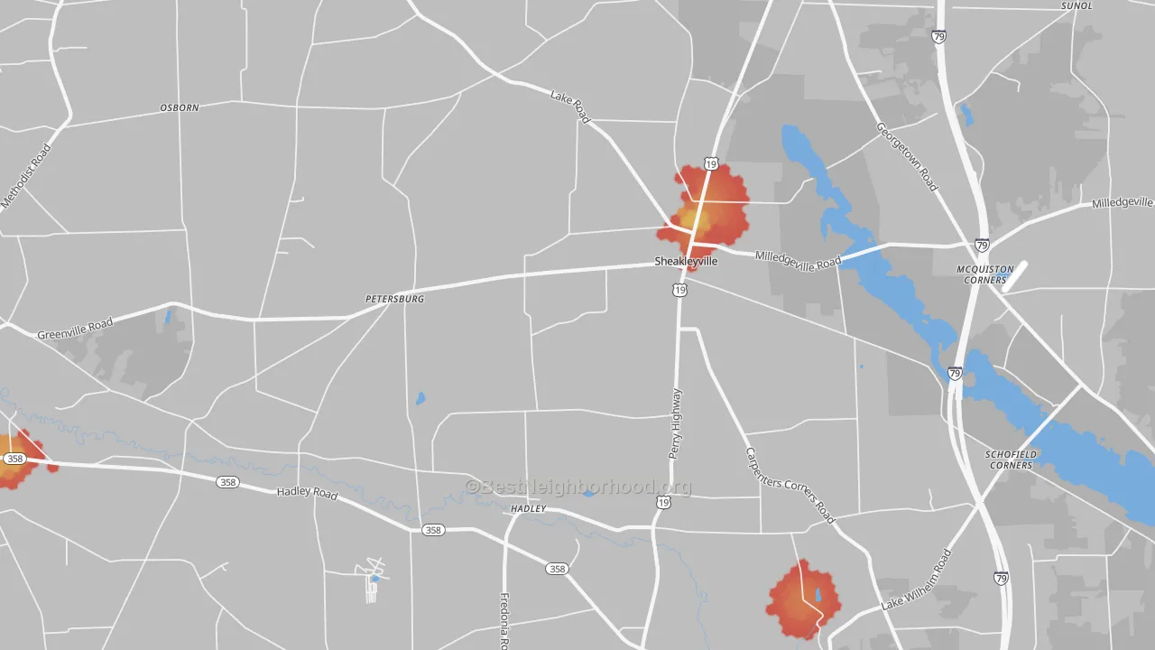 Walk Grade map of 16130, PA, walkable areas in green and car-dependent areas in red