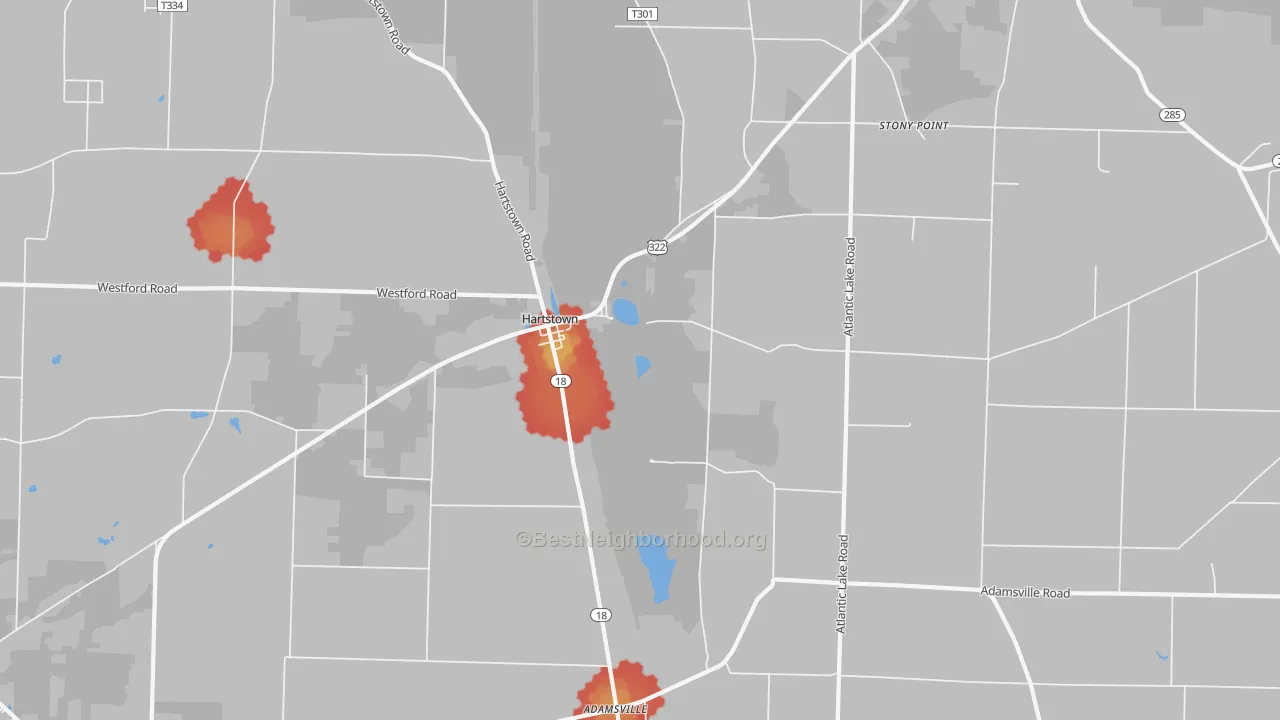 Walk Grade map of 16131, PA, walkable areas in green and car-dependent areas in red
