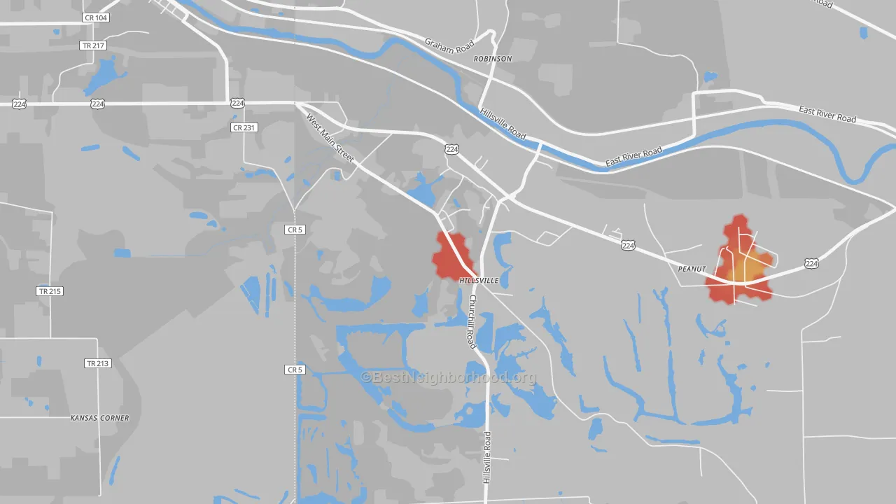 Walk Grade map of 16132, PA, walkable areas in green and car-dependent areas in red