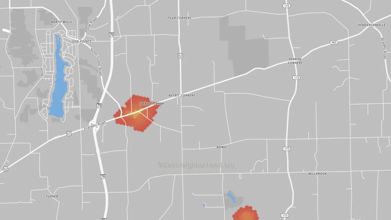Walk Grade map of 16133, PA, walkable areas in green and car-dependent areas in red