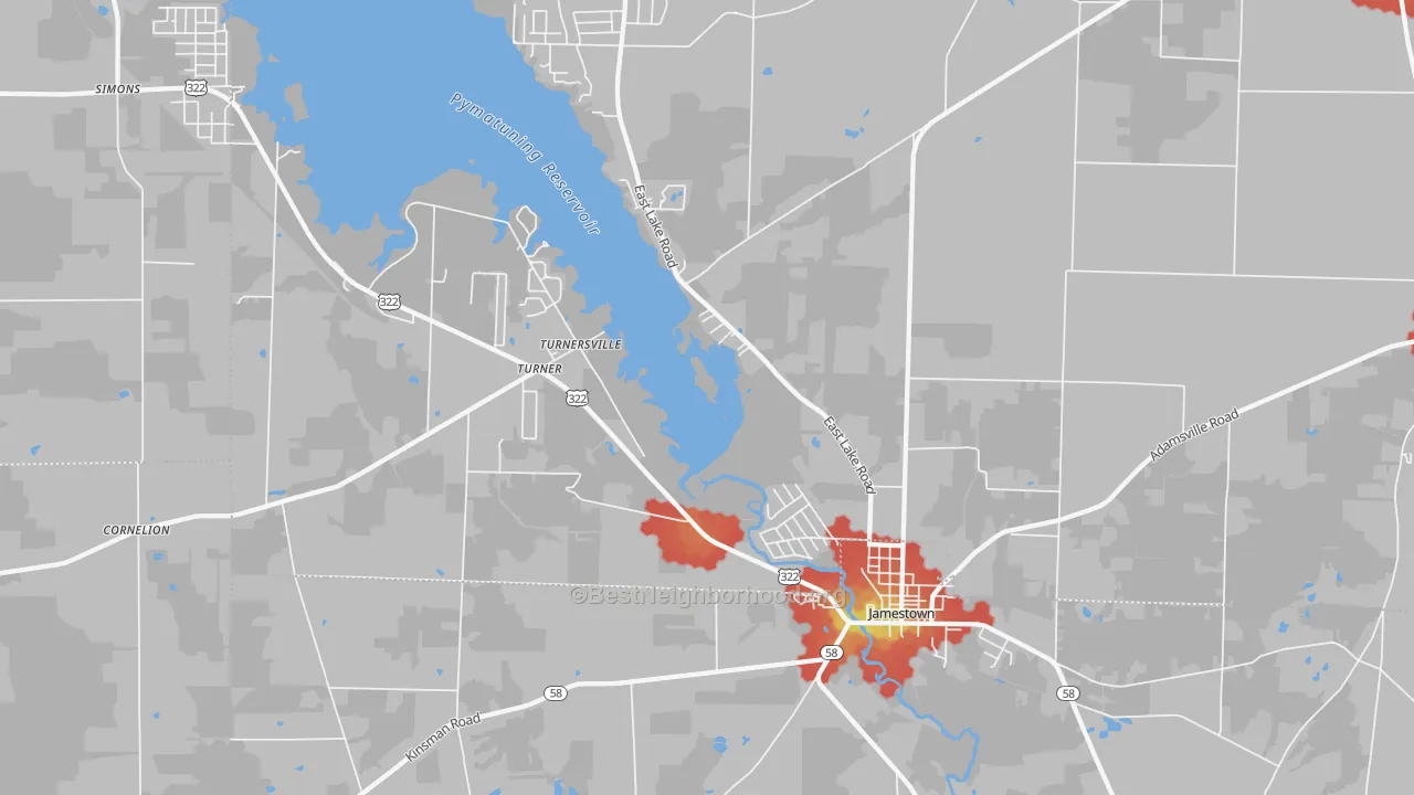 Walk Grade map of 16134, PA, walkable areas in green and car-dependent areas in red