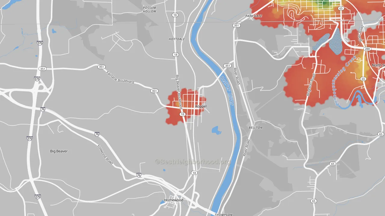 Walk Grade map of 16136, PA, walkable areas in green and car-dependent areas in red