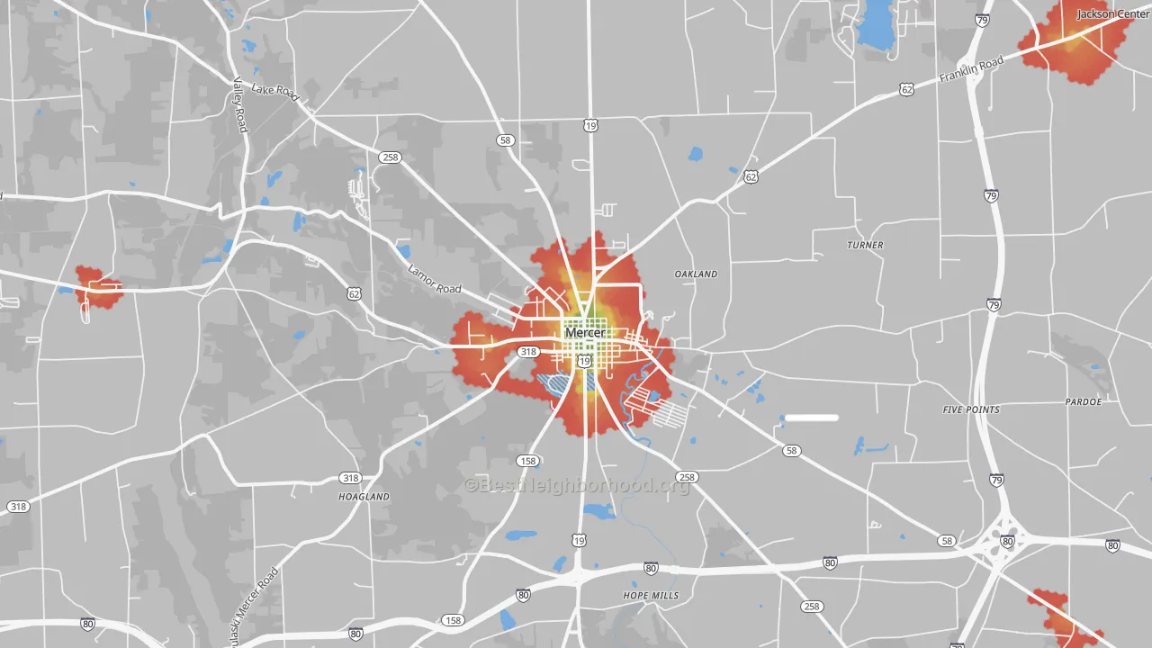 Walk Grade map of 16137, PA, walkable areas in green and car-dependent areas in red