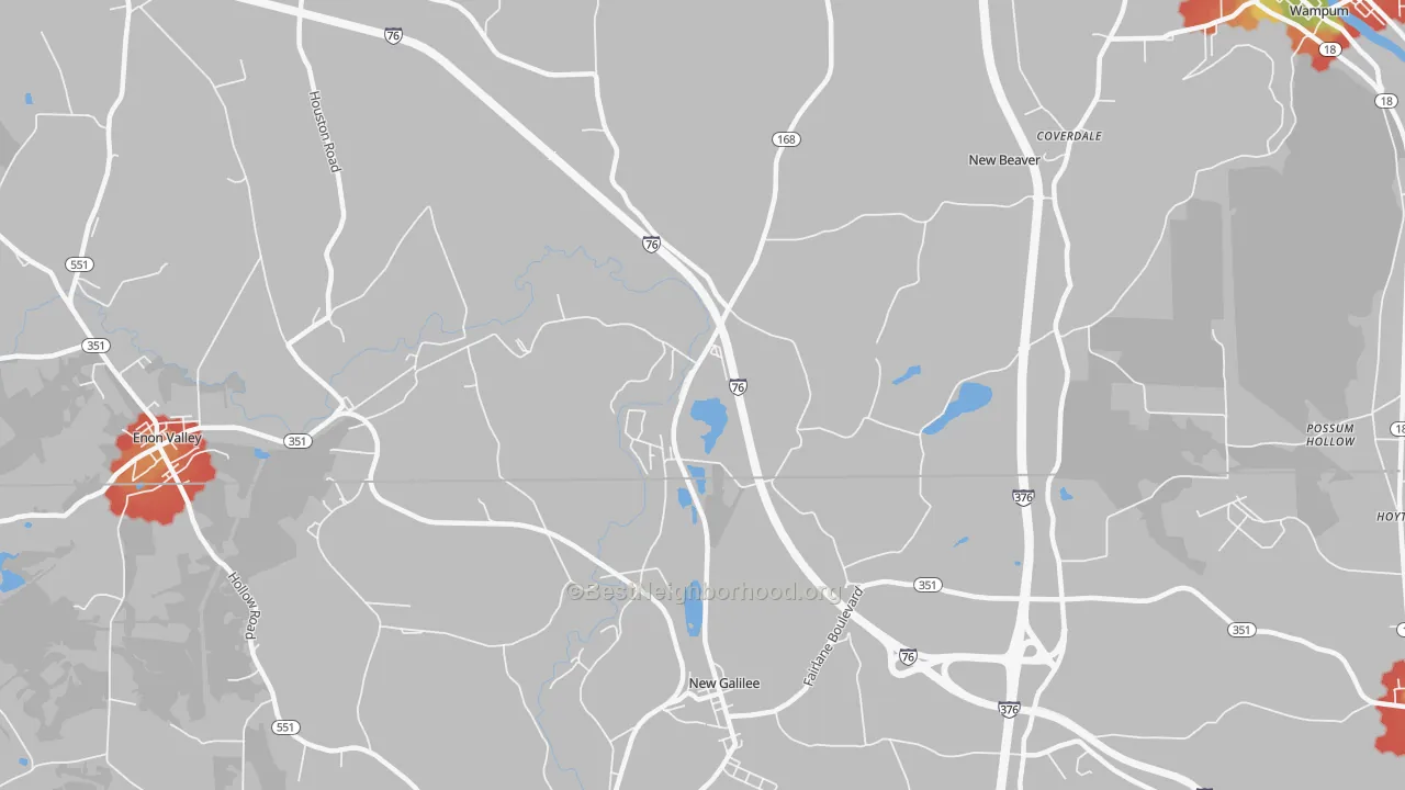 Walk Grade map of 16141, PA, walkable areas in green and car-dependent areas in red