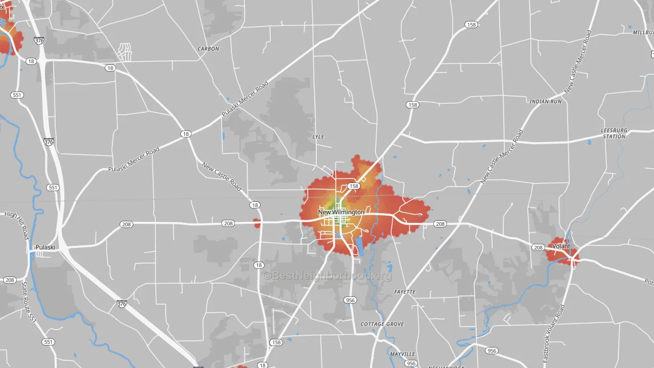 Walk Grade map of 16142, PA, walkable areas in green and car-dependent areas in red